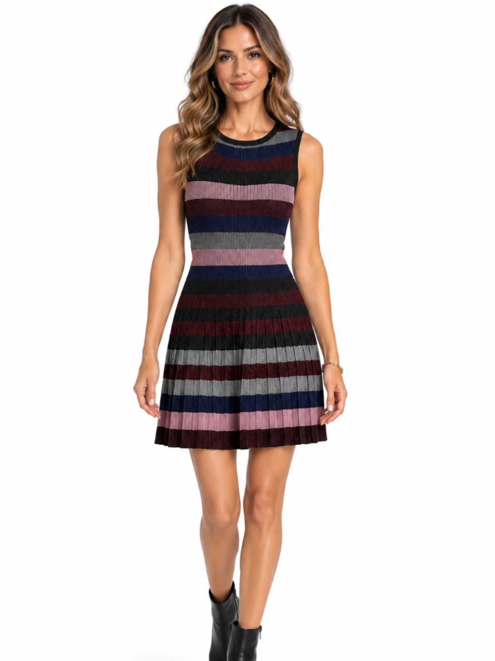🖤 Parker Metallic Striped Pleated Knit Fit & Flare Dress Burgundy Navy Pink 🖤